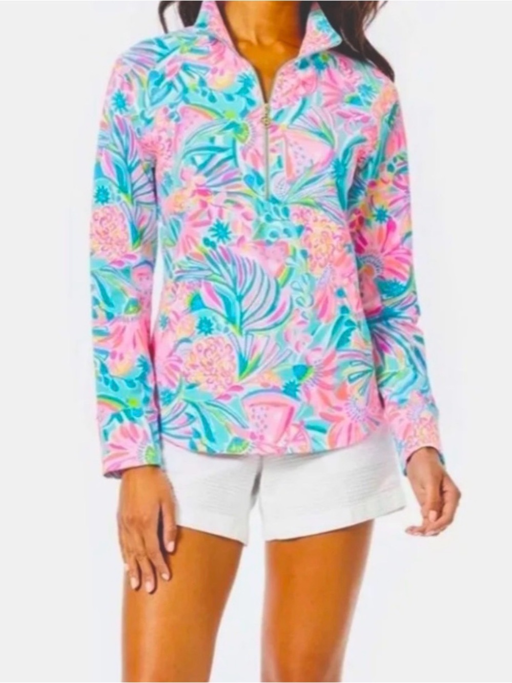 Lilly Pulitzer Pink & Aqua Floral Zip Pullover SPF 50+